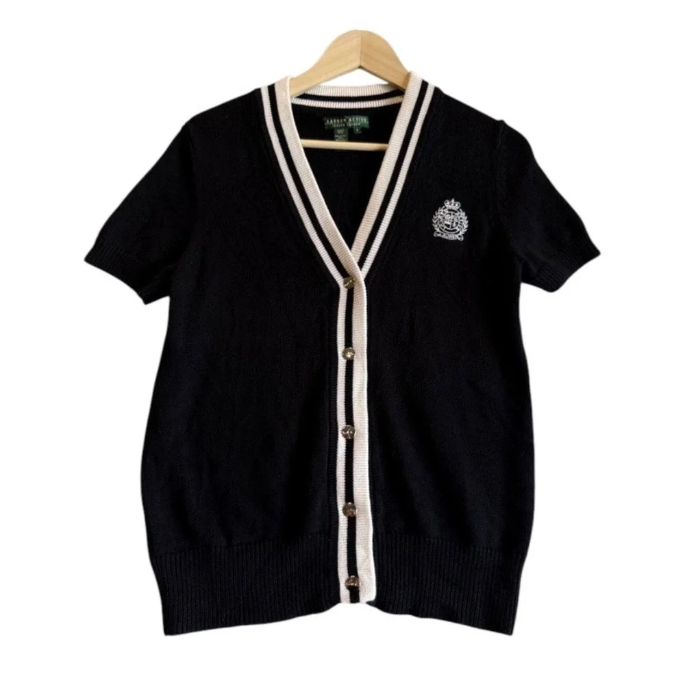 Lauren Ralph Lauren Cardigan Women S Black Varsity Crest Short Sleeve V-Neck